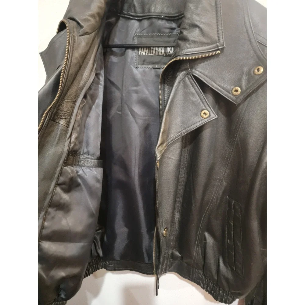 Papaleather USA black leather motorcycle flight JACKET full Zip‎ Black size L